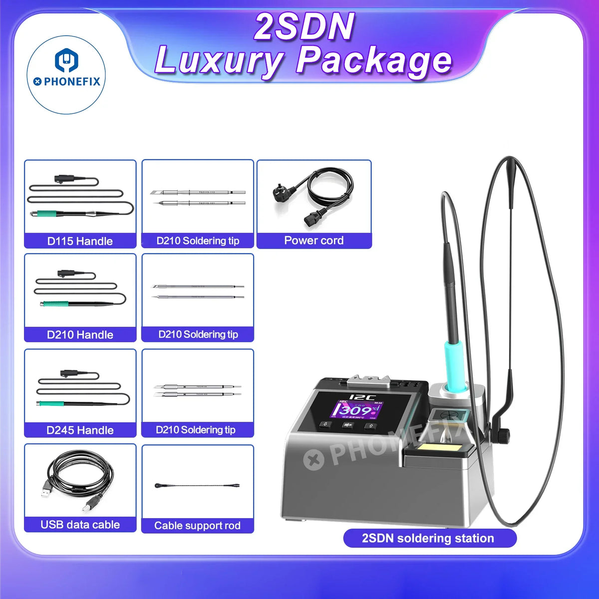 PhoneFix 180W BGA soldering station with I2C 2SDN, T115, T210, T245 handles for precise electronic soldering tasks.