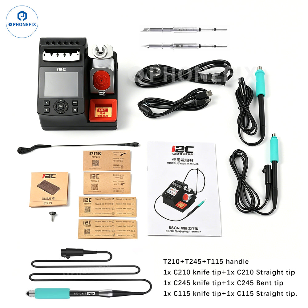 PHONEFIX i2C 5SCN 200W BGA soldering station with C245, C210, C115 tips for precise industrial soldering tasks.