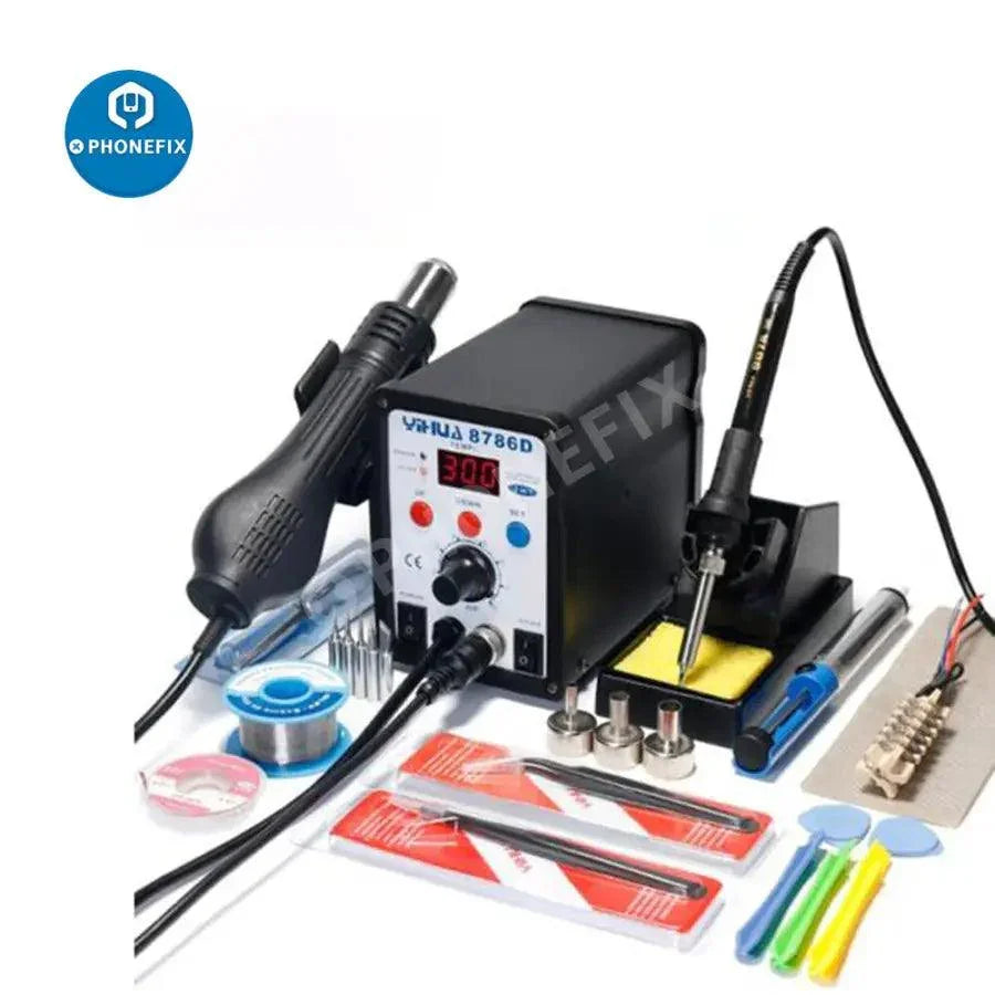 YIHUA 8786D BGA rework station with soldering iron and hot air gun for phone repair, branded PHONEFIX, on a workbench.