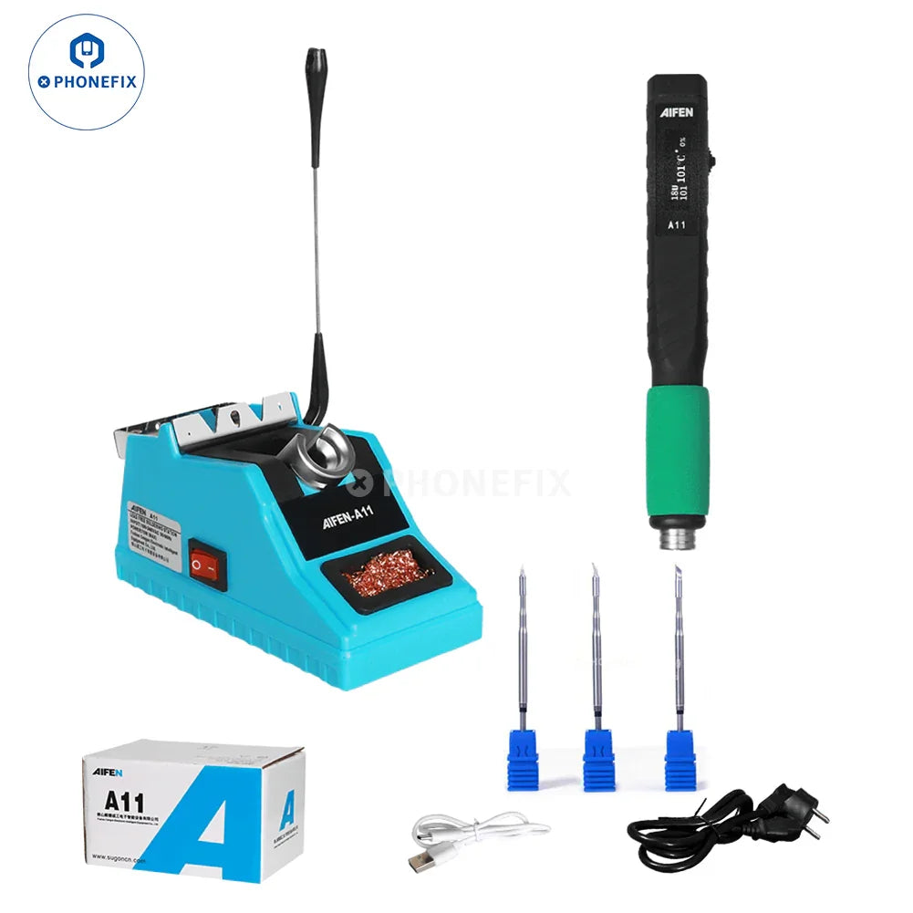 AIFEN A11 USB BGA Soldering Iron with T210 digital display, PHONEFIX welding handle, and BGA soldering station setup.