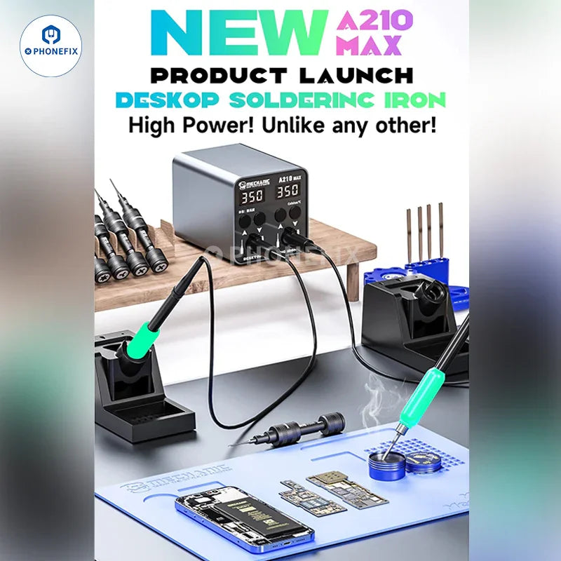 PHONEFIX A210 Max BGA soldering station with digital display and dual soldering iron for precise electronics repair.