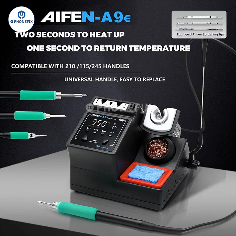 AIFEN A9E 160W BGA soldering station by PHONEFIX with C210, C245, C115 iron tips, featuring digital display and ergonomic design.