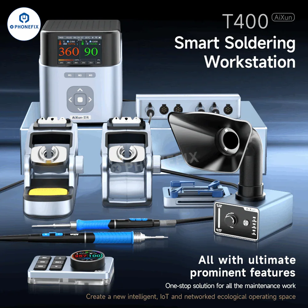 AiXun T400 320W BGA soldering station with T225 handle, featuring digital controls and ergonomic design for precise soldering tasks.