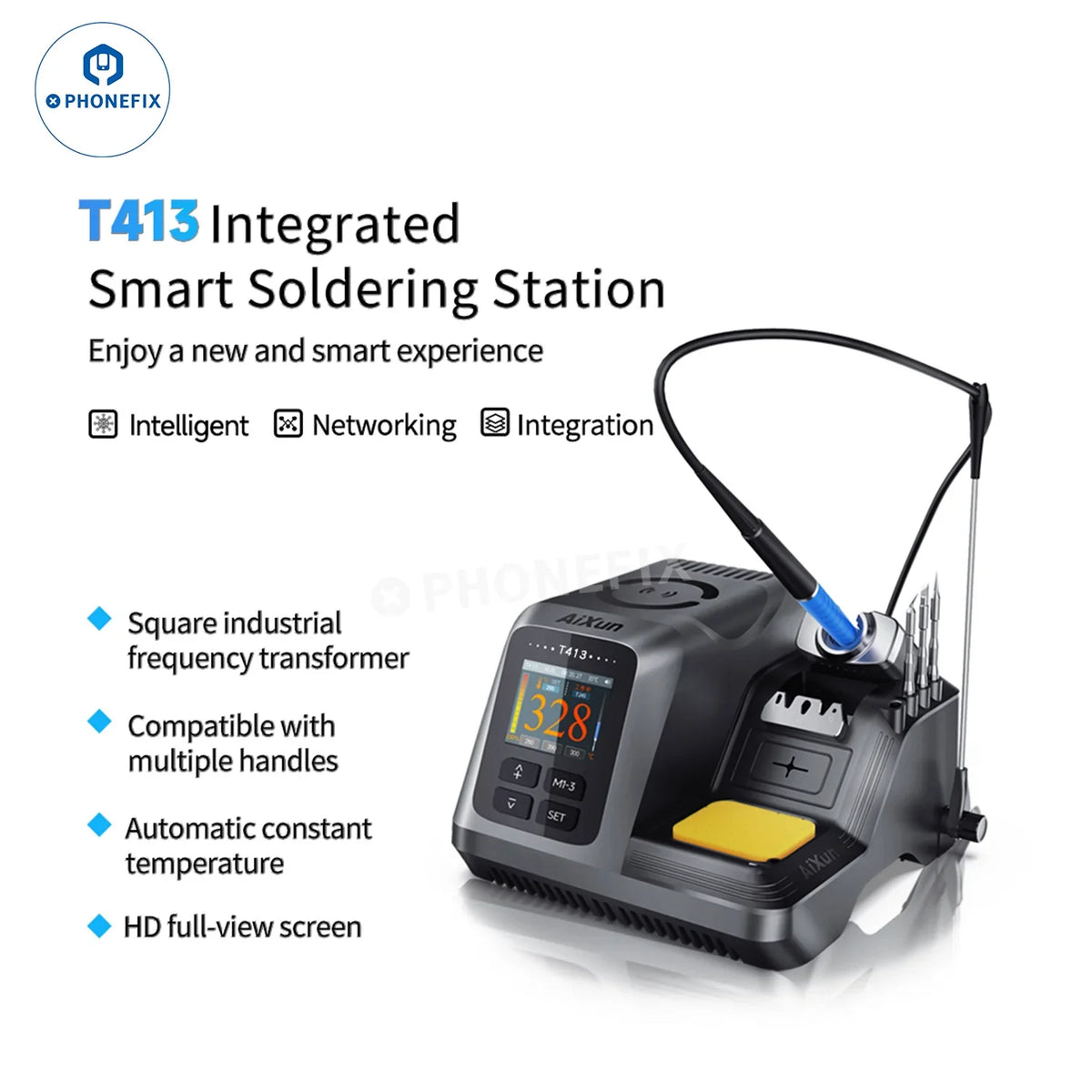 AIXUN T413 BGA soldering station by PHONEFIX with T245 and T225 handles, featuring digital controls and integrated design.