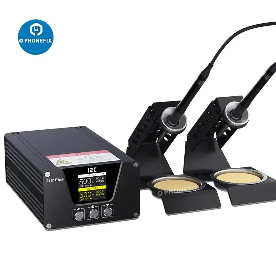 Phonefix i2C T-12 Plus BGA soldering station with double handles, base, and interchangeable iron tips for precision electronics work