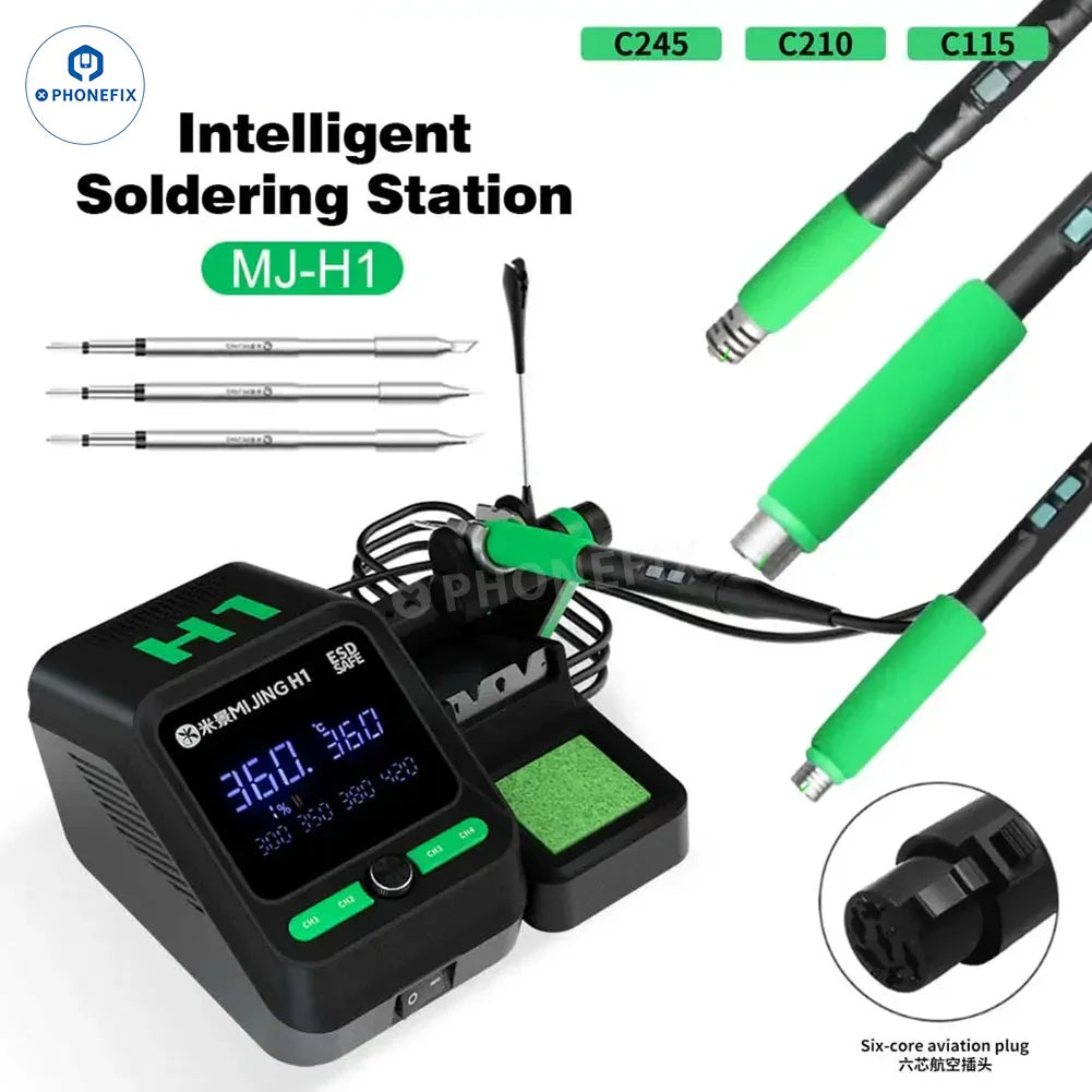 MIJING H1 digital BGA soldering station by PHONEFIX with T210, T115, T245 handles for precise soldering tasks.