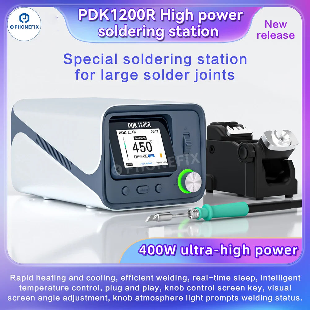 PDK1200R 400W BGA soldering station with T470 handle and C470 iron tips, ideal for precision electronics repair and soldering.