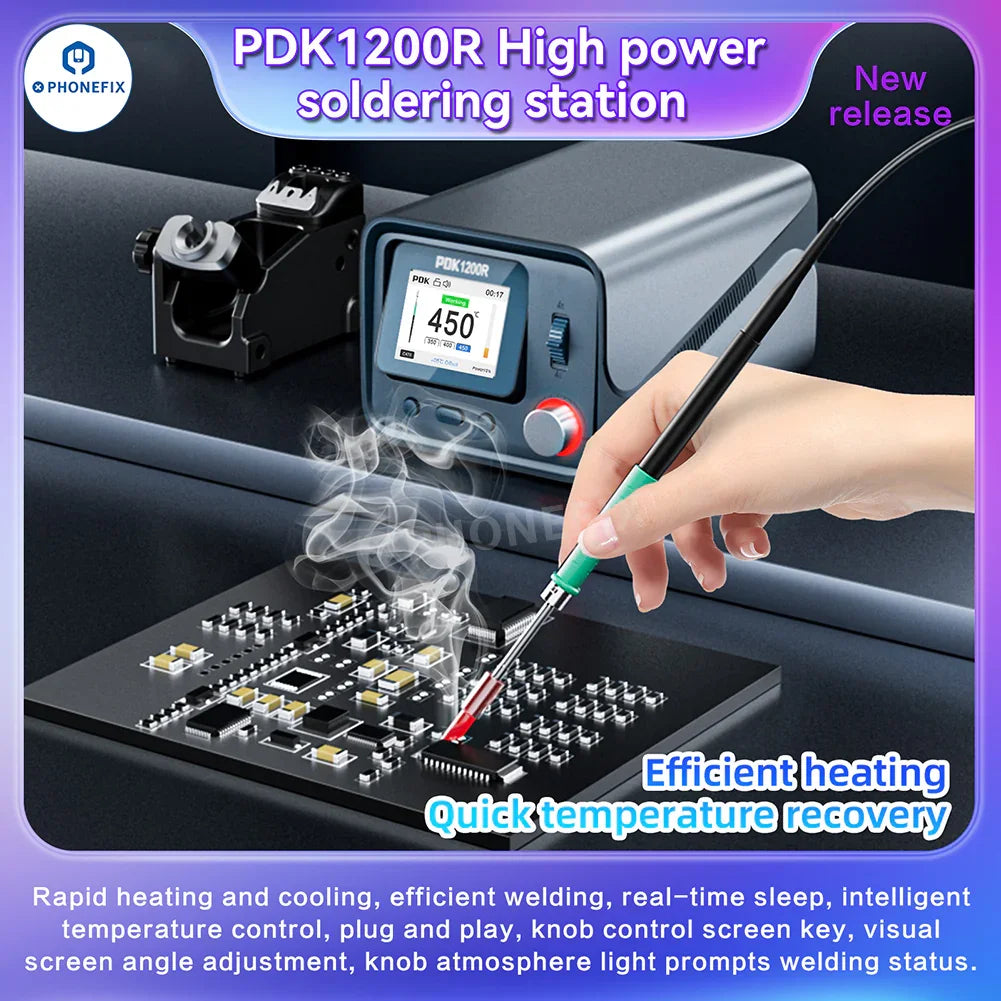 PHONEFIX PDK1200R 400W BGA Soldering Station with T470 handle and C470 iron tips, featuring a digital display and ergonomic design.