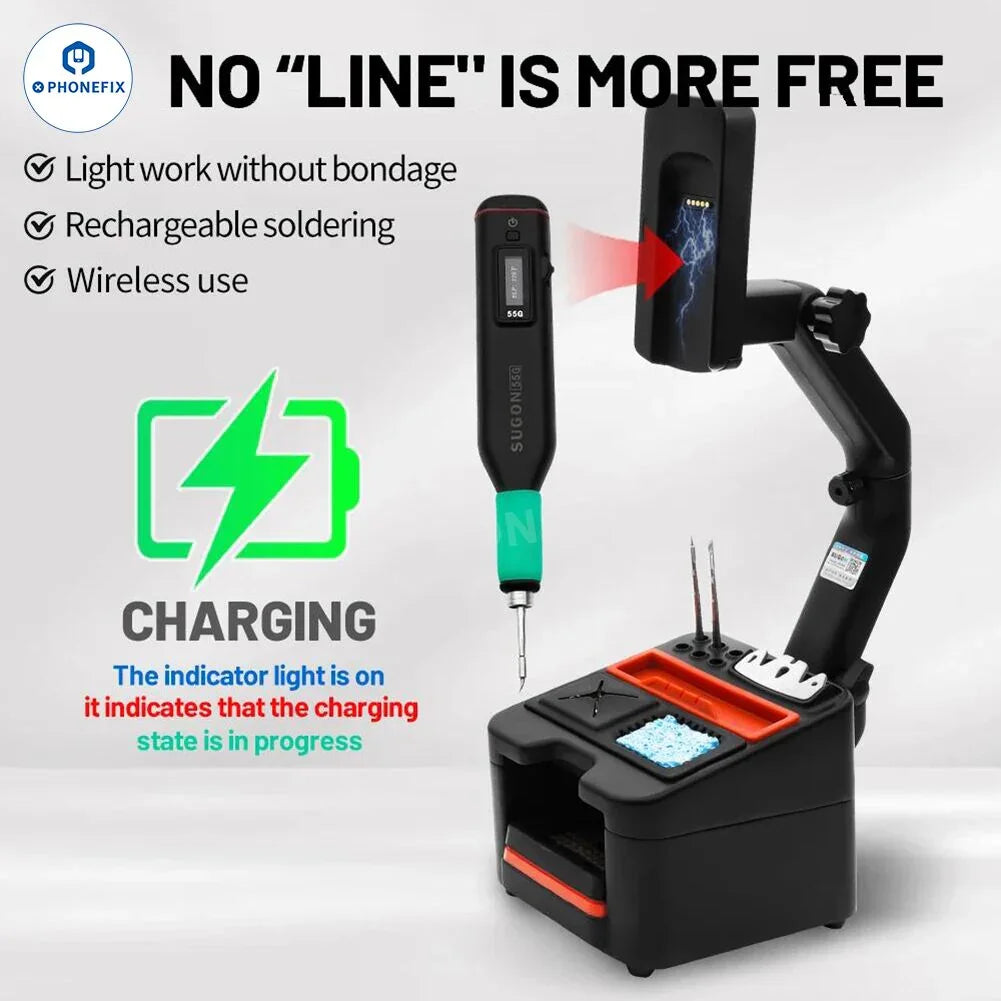 SUGON 55G wireless BGA soldering station by PHONEFIX with JBC C210 tips, featuring a compact design and soldering tools setup.