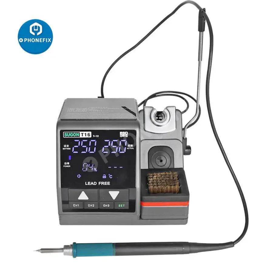 SUGON T16 BGA soldering rework station by PHONEFIX with precision tools for phone PCB repair, shown on workbench with accessories.