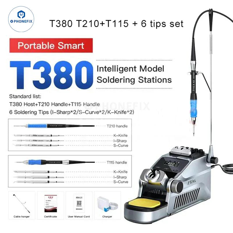 AIXUN T380 portable BGA soldering station with C210 and C115 iron tips, suitable for precise electronic soldering tasks.