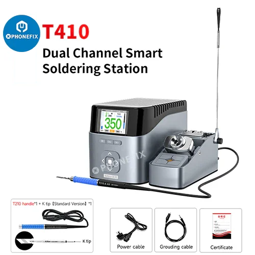 Aixun T410 T435 T405 dual-channel intelligent BGA soldering station by PHONEFIX showing the device with control panel and dual soldering tips.