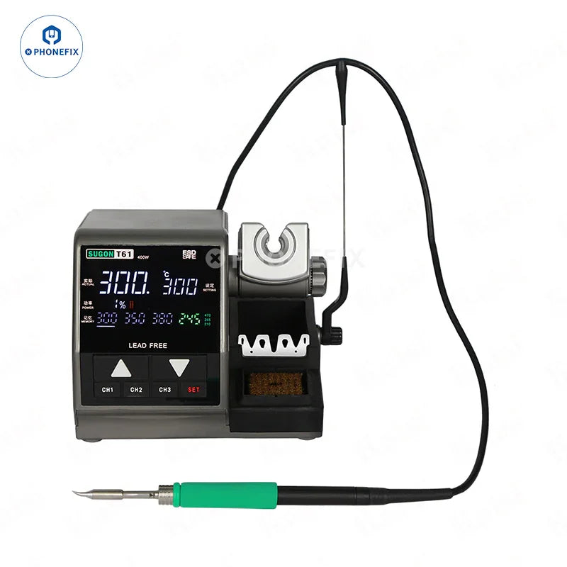 Sugon T61 400W BGA soldering station by PHONEFIX with T210, T470 handles and C470 tips for precise soldering work.