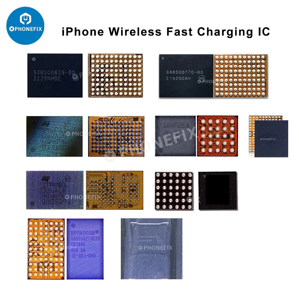 Close-up of PHONEFIX iPhone USB wireless fast charger IC component on a circuit board, showcasing its small, intricate electronic design.