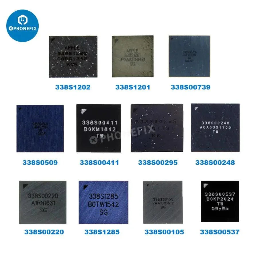 Small Big Audio Codec IC for iPhone 6-14 Pro Max, PHONEFIX component, visible on circuit board for audio processing repair.