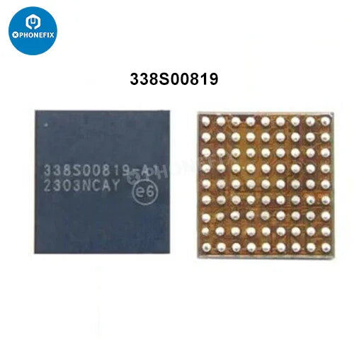 PhoneFix iPhone camera power supply IC and flashlight control chip for electronic components, showing close-up of the circuit chip.