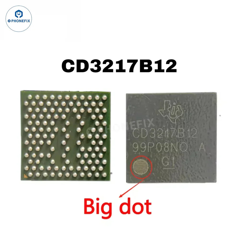 Close-up of PHONEFIX CD3217B12 Charging IC U3100 USB-C controller chip for MacBook Pro, showing the detailed component on circuit board.