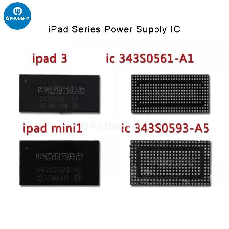 Replacement power supply IC for iPad Mini 3, 4, 5, Air, and Pro 12.9 from PHONEFIX, showing the small electronic component.