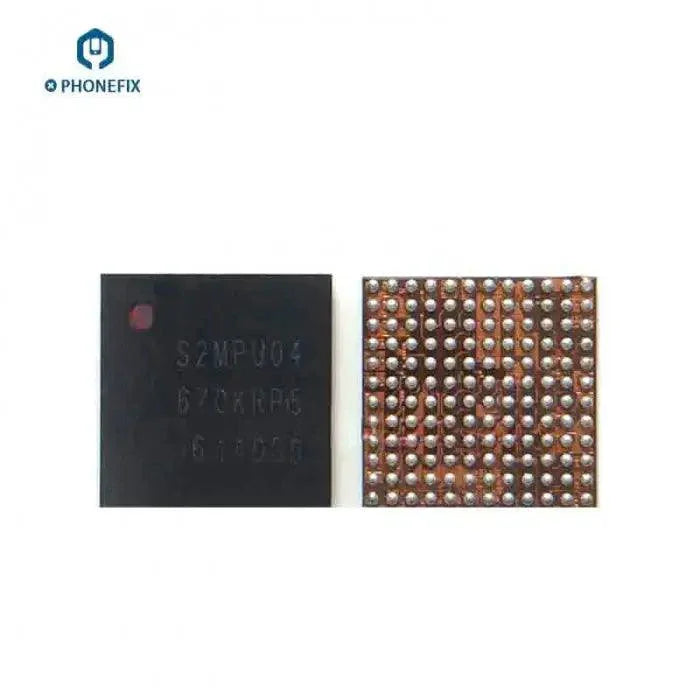 Samsung Power Control IC MU005X01 and MU005X02 chips from PHONEFIX, close-up view of the small electronic components.