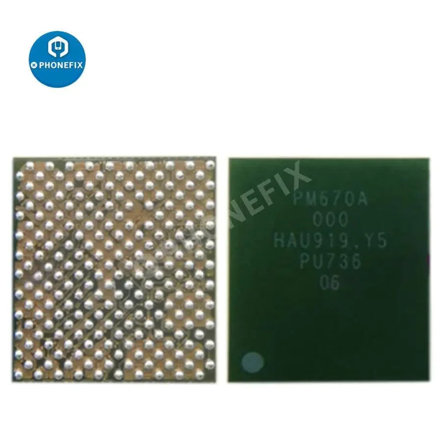 PHONEFIX PM670/670A/670L IC power supply chip replacement for Xiaomi phone repair, showing the small electronic component on a circuit board.