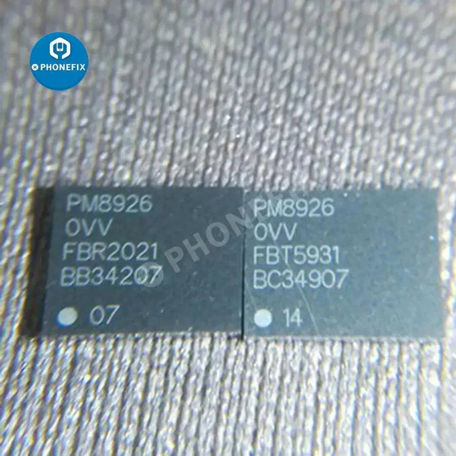 PMI8994, PM8926, and PM8916 power supply IC chips for Android phones, shown as small electronic components on a circuit board.