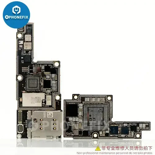 Close-up of iPhone 6-14 Pro Max CNC board with CPU and baseband components for repair by PHONEFIX.
