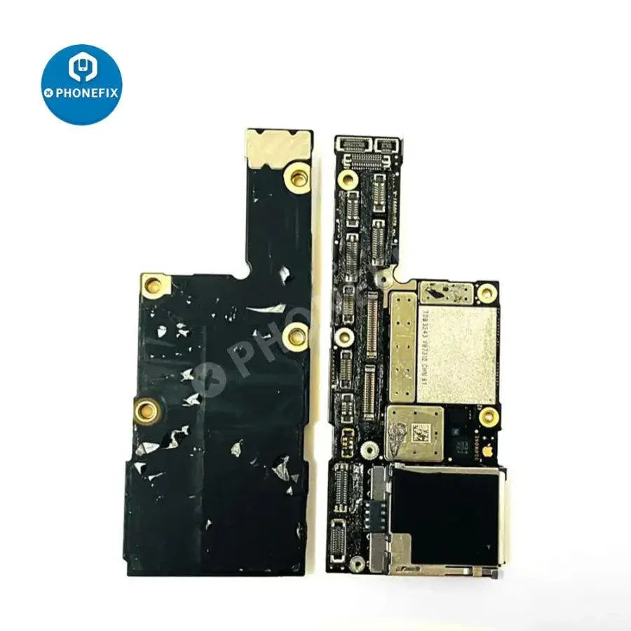 Damaged iPhone motherboard repair training component, showing a damaged phone motherboard for skill practice, branded PHONEFIX.
