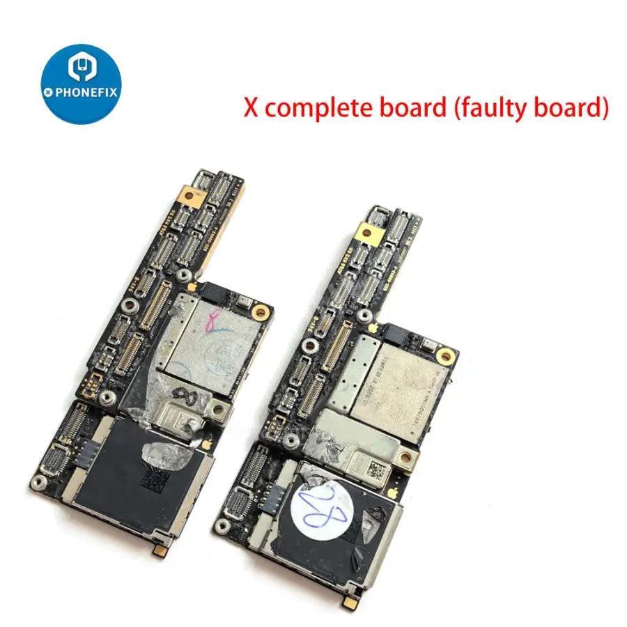 Damaged iPhone motherboard repair training component by PHONEFIX, showing a damaged circuit board for skill practice.