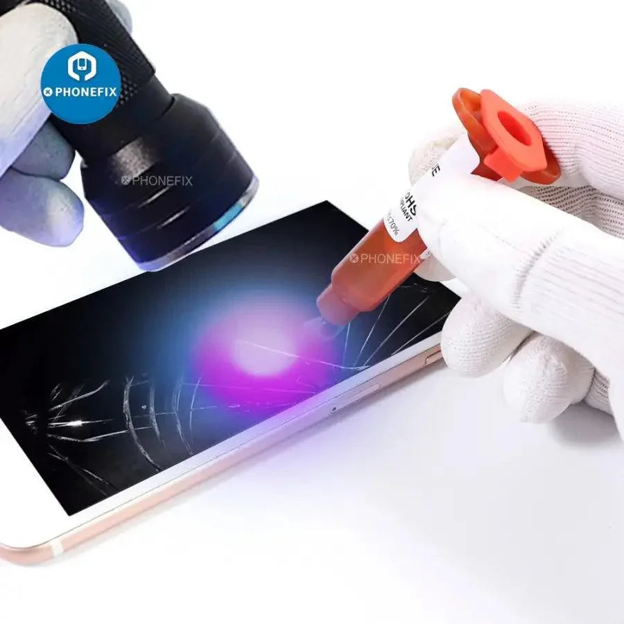 TP-2500 LOCA UV glue liquid optical clear adhesive for phone screen repair by PHONEFIX, used for LCD and LCD screen fixing.