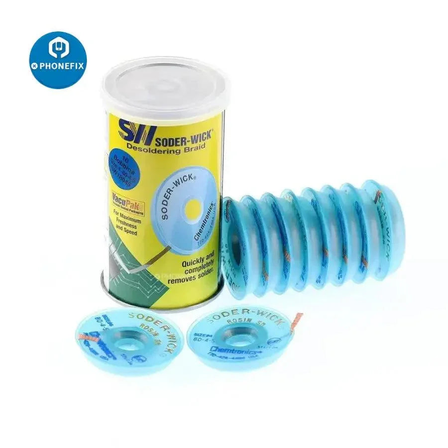 SODER WICK Suction Wire SW 18025/35/45/55 from PHONEFIX, original suction wire for phone repairs, with black and silver components.