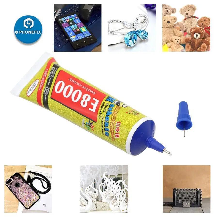 PHONEFIX Mechanic E8000 super adhesive glue for LCD screen frame repair, shown in a clear image of the repair consumables.
