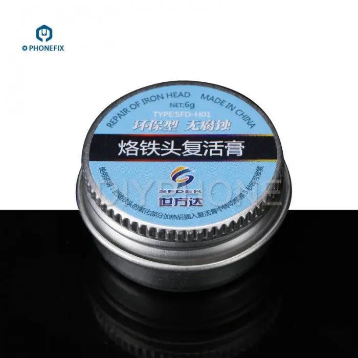 Oxidized soldering tip cleaner and revitalizing solder cream by PHONEFIX for restoring lead-free soldering iron tips.