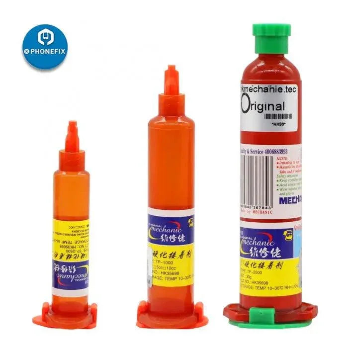 Mechanic TP2500 LOCA UV glue from PHONEFIX, a clear optical adhesive liquid used for phone screen repairs.
