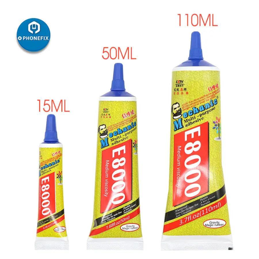 Mechanic B7000, T7000, E8000 touch screen liquid adhesive glue for phone repairs, shown in a clear container with branding.