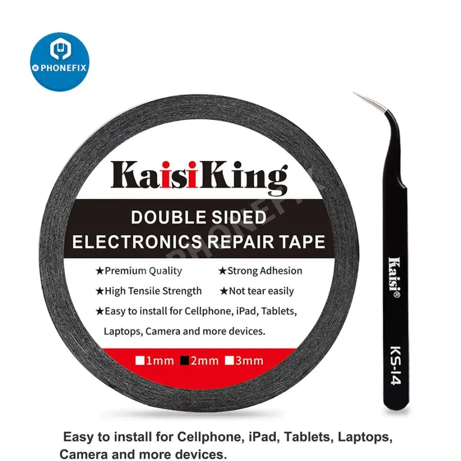 2mm LCD screen adhesive tape with tweezers for phone and tablet repair, made by PHONEFIX, used for screen replacement.