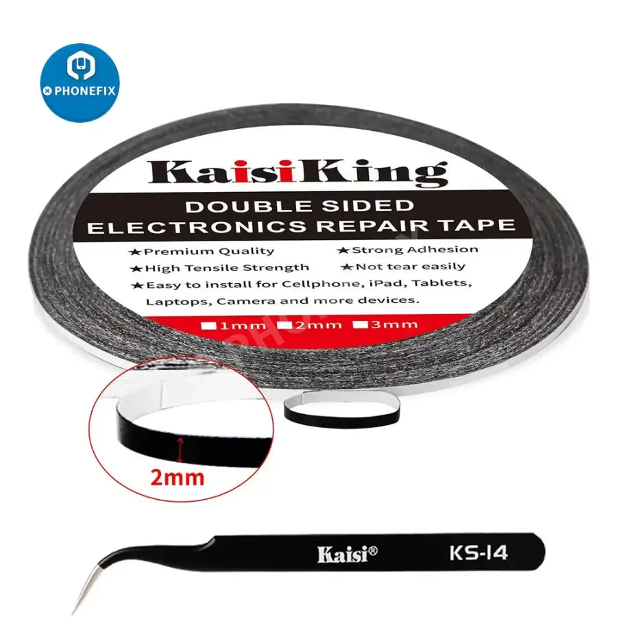 2mm LCD screen adhesive tape with tweezers for phone and tablet repair, by PHONEFIX, used for secure screen installation.