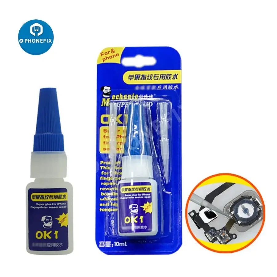Mechanic 10ml OK1 Super Glue for iPhone fingerprint sensor maintenance, showing the small bottle with label and applicator tip.