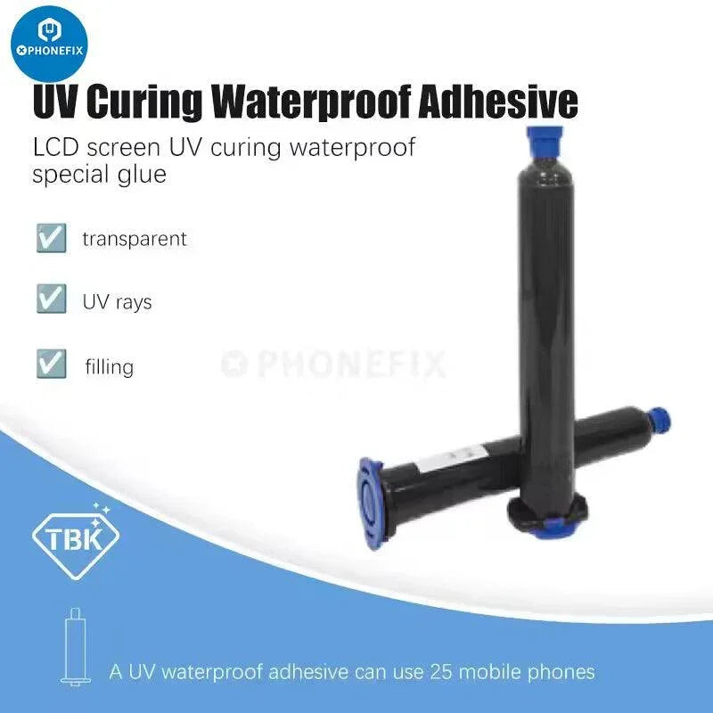 TBK UV curing waterproof glue for phone screen middle frame, liquid adhesive from PHONEFIX for electronic repairs.