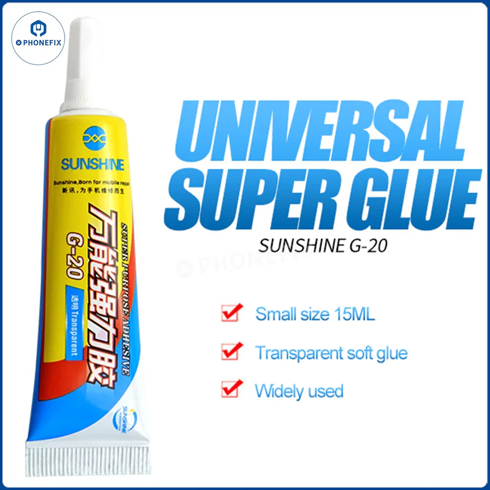 PhoneFix Sunshine G-20 G-21 glue adhesive for phone LCD and back glass, shown in a 15ml container with clear branding.