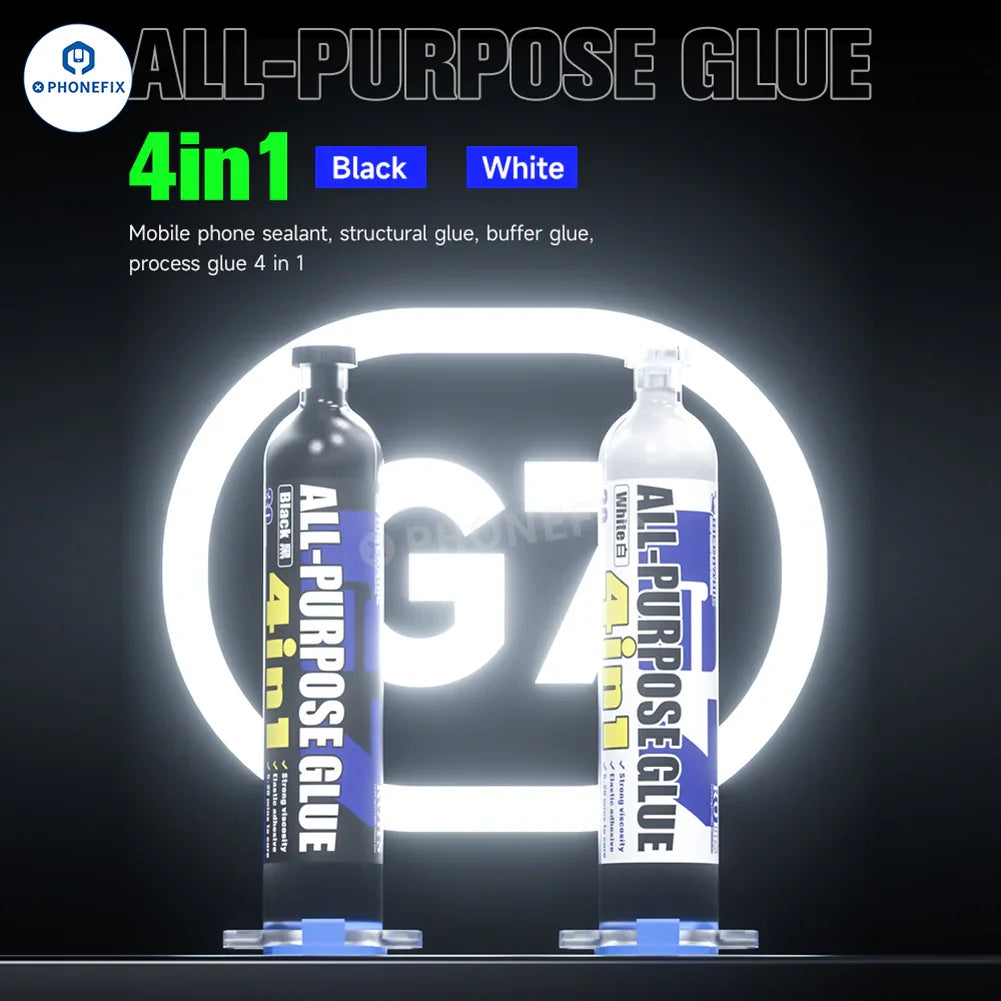 PhoneFix G7 multi-purpose glue for phone screen frame repair, showing applicator tip and container for durable bonding.