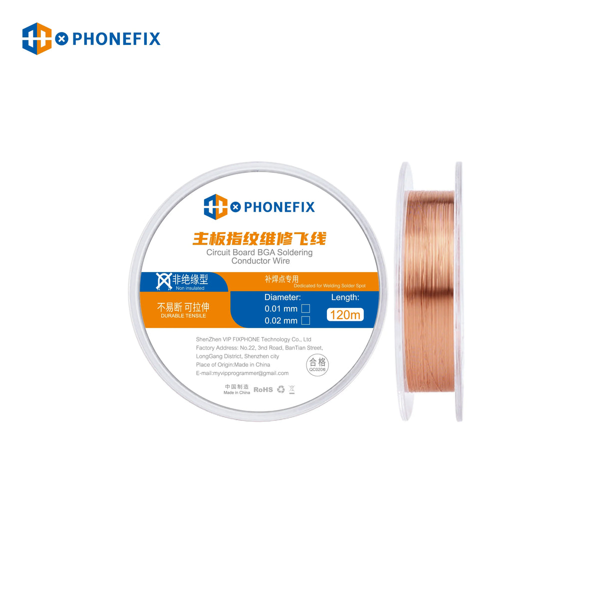 PHONEFIX copper jump wire for iPhone motherboard repair, used for fingerprint sensor and circuit connections.