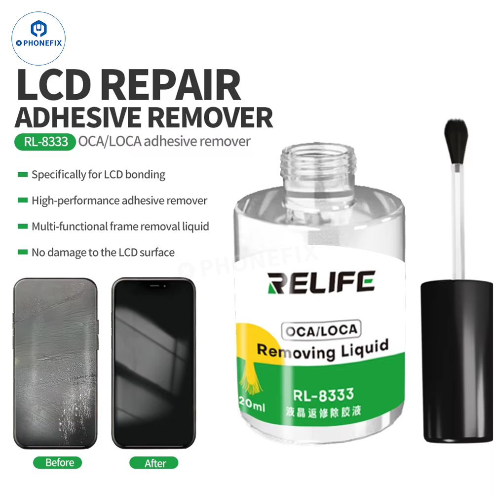 RELIFE RL-528 8333 screen polarizer OCA glue remover liquid for phone repair, shown in a clear bottle with label.