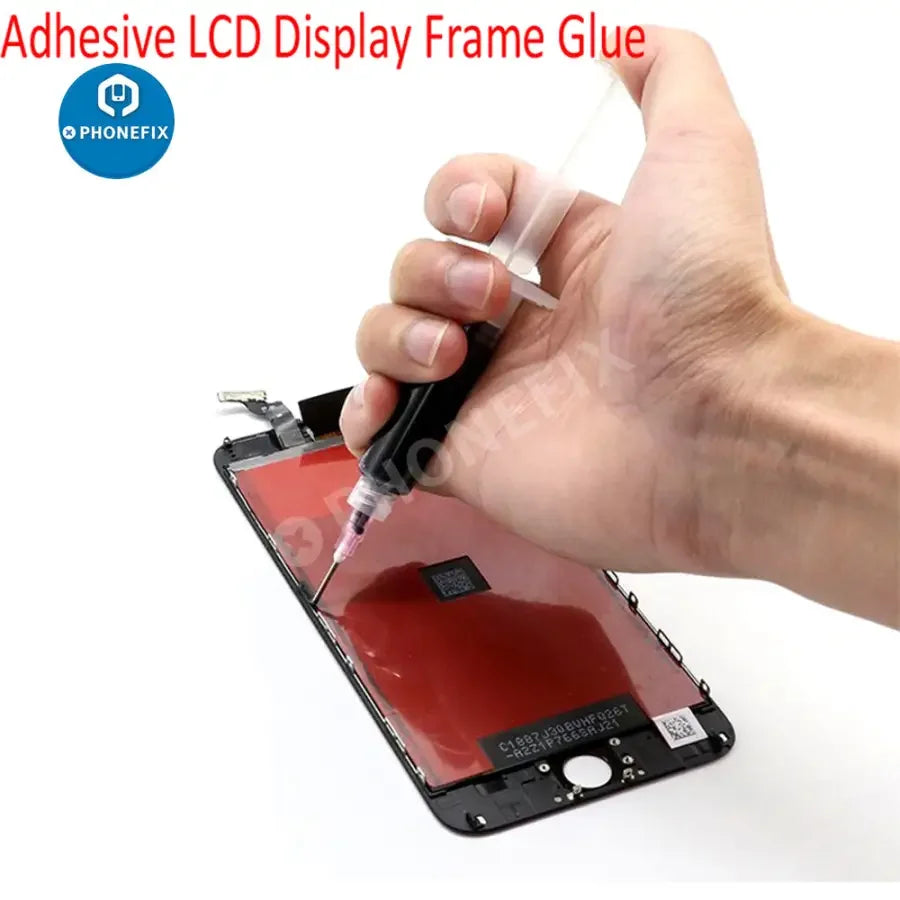 PhoneFix structural adhesive glue for iPhone back cover glass, lens, and LCD repair, shown in a clear container.