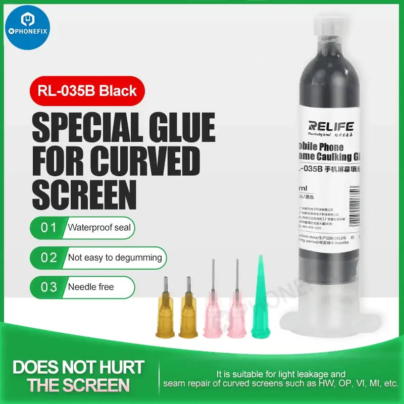 RL-035B PhoneFix mobile phone screen caulking glue, 30ml universal sealant for phone repairs, shown in a clear image.