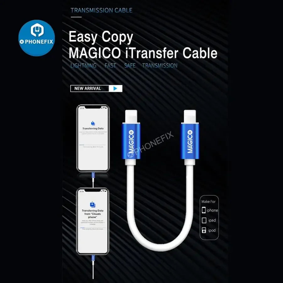 PHONEFIX Type-C to Lightning data transfer cable for iPhone, connecting old and new devices for quick data transfer.