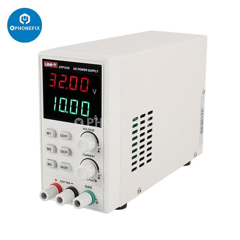 UNI-T UTP1310 32V 10A DC regulated power supply with 4-digit display, shown with control knobs and digital readout.