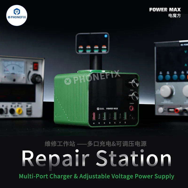 PHONEFIX 2UUL PC01 POWER MAX adjustable voltage DC power supply showing control knobs and display panel.