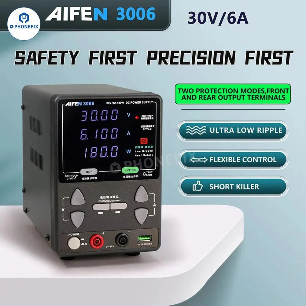 AIFEN 3006 30V 6A DC power supply for mobile repair, showing the device with digital display and control knobs.