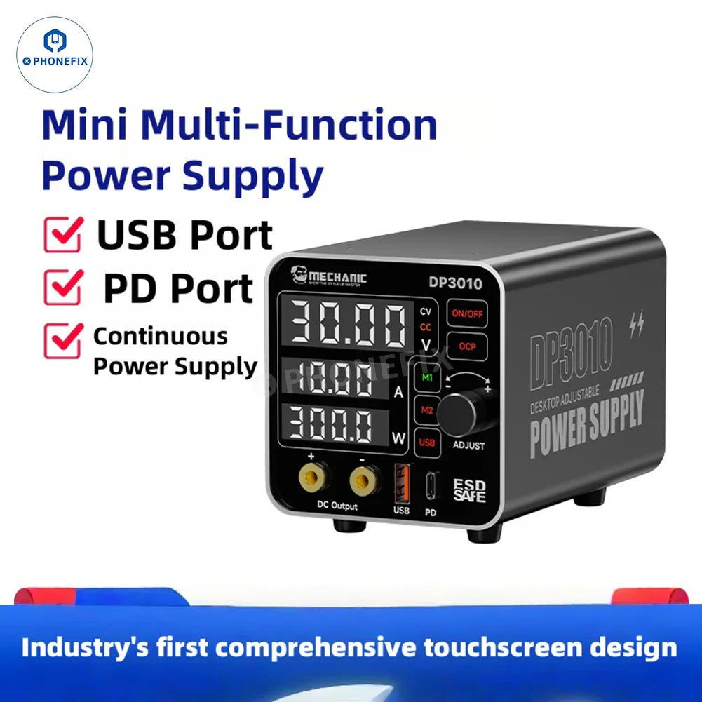 PHONEFIX MECHANIC DP3010 30V 10A DC power supply for phone and laptop repair, with digital display and adjustable voltage and current.