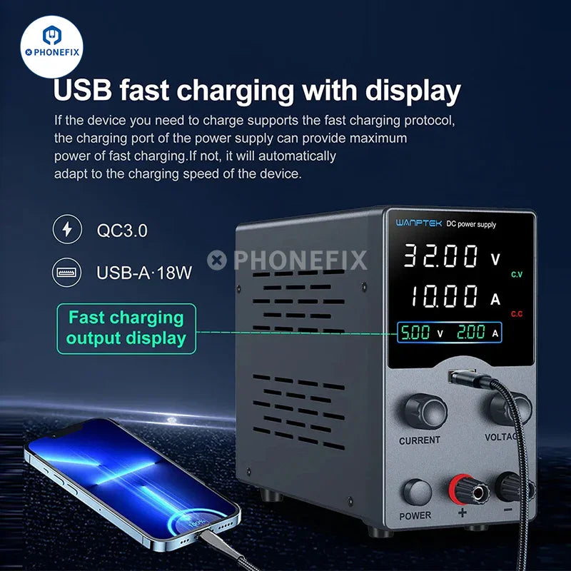 PhoneFix Wanptek GA Series adjustable DC power supply with digital voltage and current display for precise electronic testing.